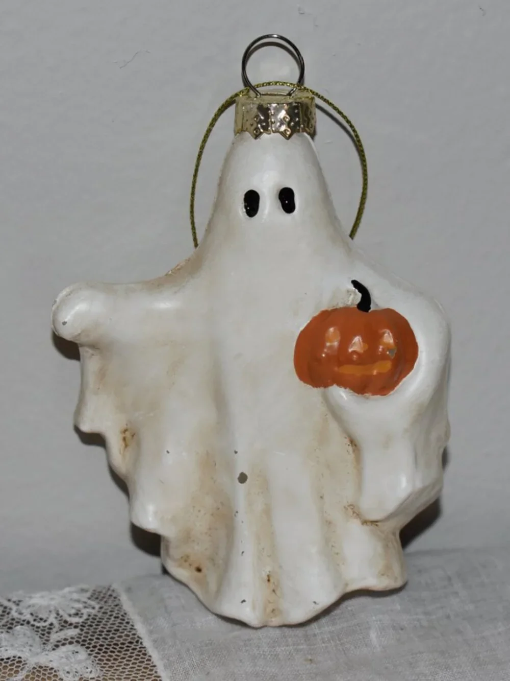 Vintage Retro Glass Spooky Sheet Ghost Jack O Lantern Pumpkin Halloween Ornament